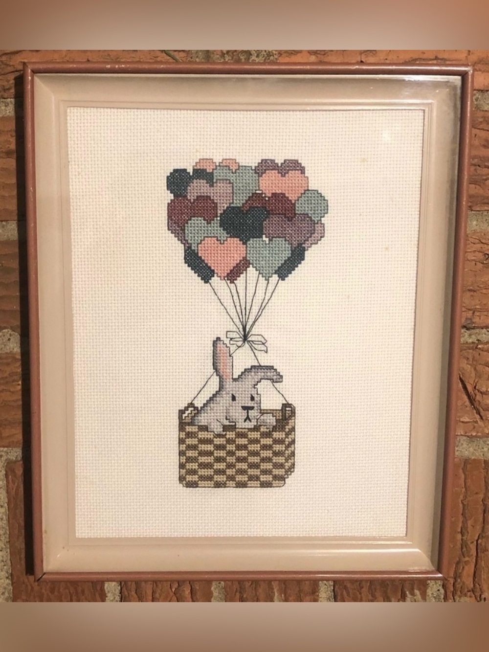 Framed Cross Stitch Gray Bunny Flying w Heart Shaped Balloons